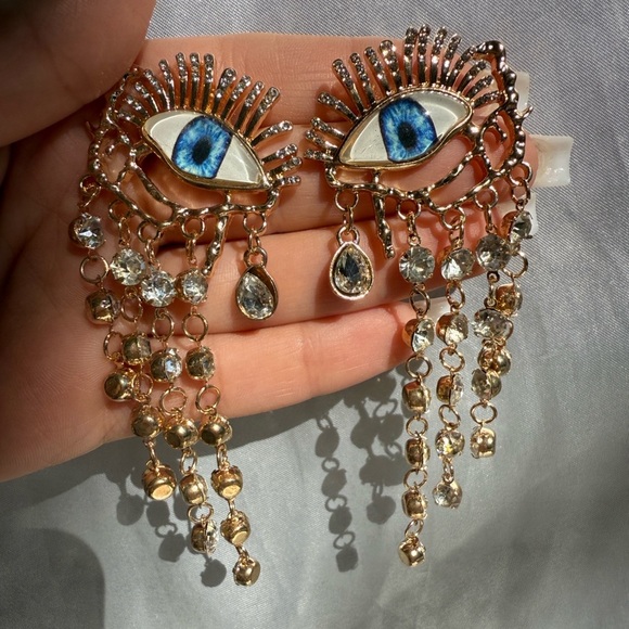 18K Gold plated evil Blue Eye Dangle Earrings - Picture 3 of 4